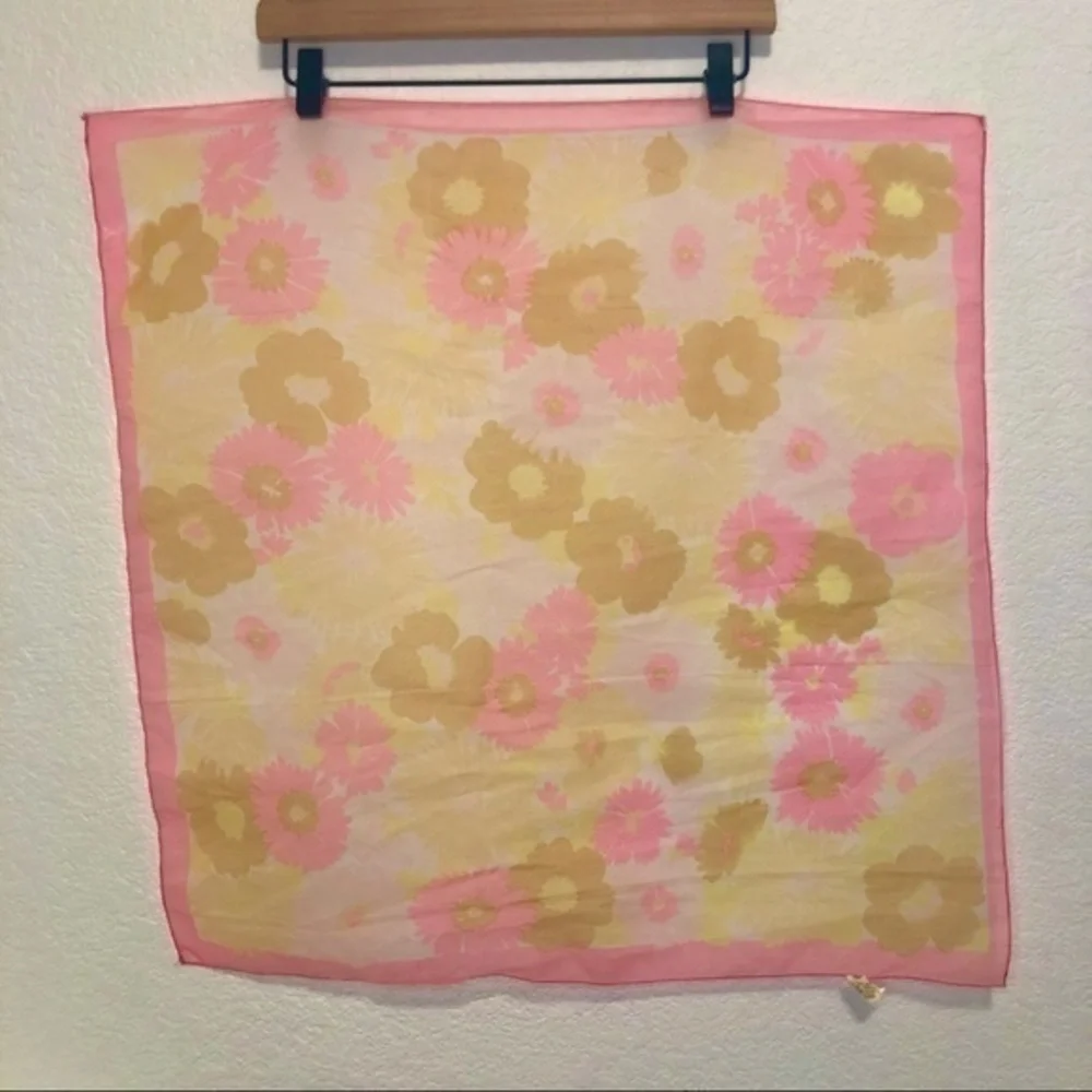 Vintage sheer square pink & yellow floral scarf 24.5”